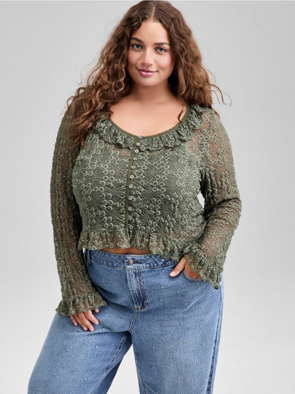 Plus Size Women's Ruffle Lace Button-Front Blouse Crop Top in Green Cottagecore